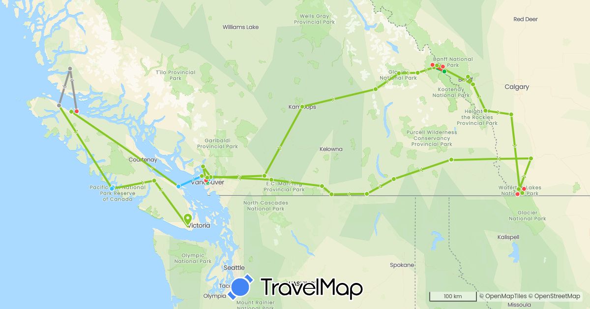 TravelMap itinerary: driving, bus, plane, hiking, boat, electric vehicle in Canada (North America)